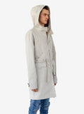 Side angle view of Silver Scale Longline Hooded Jacket in Silver with hood up on model