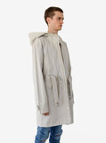 Side angle view of Silver Scale Longline Hooded Jacket in Silver