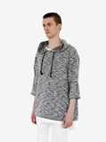 Side angle view of Rush Marled Half Sleeve Hoodie in Mixed Gray on model