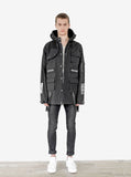 Head to toe, full front view of Cargo Belt Graphic Jacket in Black on model