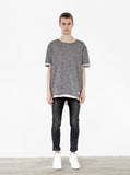 Full front image of Granite Raw Cut Pullover Sweatshirt Tee in Tri-Blend Gray on model