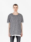 Front image of Granite Raw Cut Pullover Sweatshirt Tee in Tri-Blend Gray on model