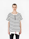 Front view of Neutral Stripe Half Sleeve Pullover Shirt in Black/Off-White on model