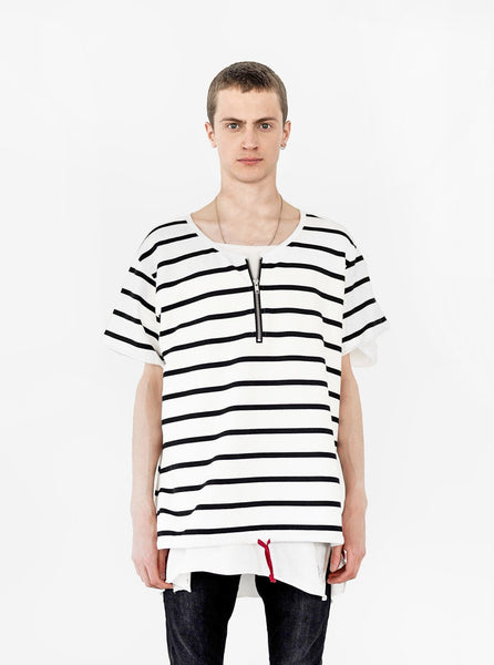 Front view of Neutral Stripe Half Sleeve Pullover Shirt in Black/Off-White on model