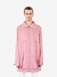 Buttoned up, front view of Rose Collins Box Jacket in Light Pink on model