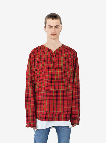 Front view of Plaid Baseball Shirt in Red/Navy on model, layered with white tee