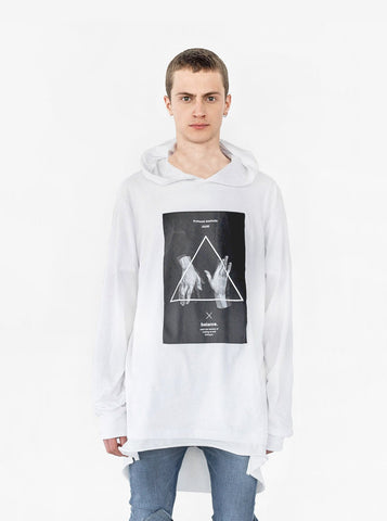 Front view of Balance Triangle Long-Sleeve Hooded Tee in White on model