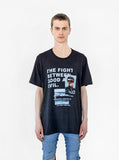 Front image of Fight Between Good and Evil Tee in Faded Black on model