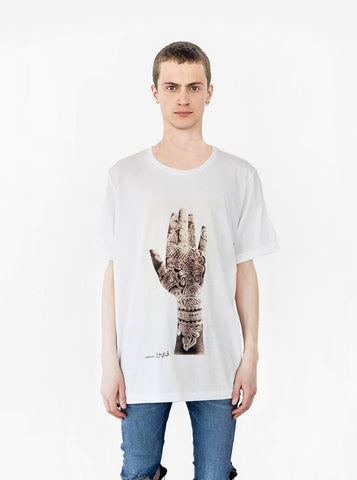 Front image of Hand Art Tee in Natural White on model