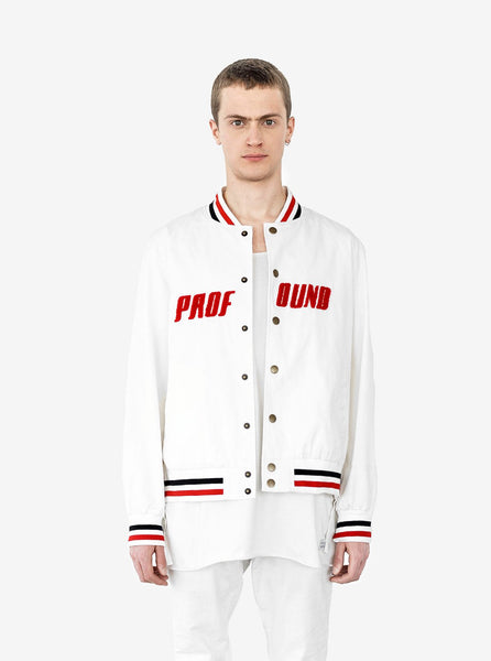 Front view of NY SoHo Baseball Jacket in Off-White on model