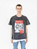 Front view of Someday Happy/Sad Distressed Acid Washed Tour Tee in Black Mineral Wash on model