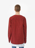 Back view of Plaid Baseball Shirt in Red/Navy on model