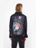 Vintage wash distressed black denim jacket with back cotton floral panel patch called still life by profound aesthetic