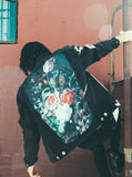 Vintage wash distressed black denim jacket with back cotton floral panel patch called still life by profound aesthetic