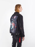 Vintage wash distressed black denim jacket with back cotton floral panel patch called still life by profound aesthetic