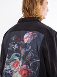 Vintage wash distressed black denim jacket with back cotton floral panel patch called still life by profound aesthetic