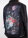 Vintage wash distressed black denim jacket with back cotton floral panel patch called still life by profound aesthetic