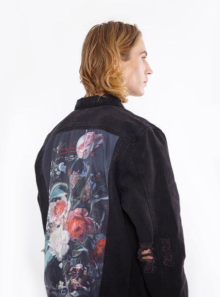 Vintage wash distressed black denim jacket with back cotton floral panel patch called still life by profound aesthetic