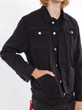 Vintage wash distressed black denim jacket with back cotton floral panel patch called still life by profound aesthetic