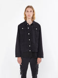 Vintage wash distressed black denim jacket with back cotton floral panel patch called still life by profound aesthetic