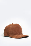 Side angle view of Textured Suede Snapback Hat in Camel Brown