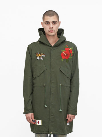 Fighting Tiger Hibiscus Parka Jacket in Forest Green