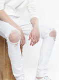 White wash destroyed distressed denim jeans by profound aesthetic